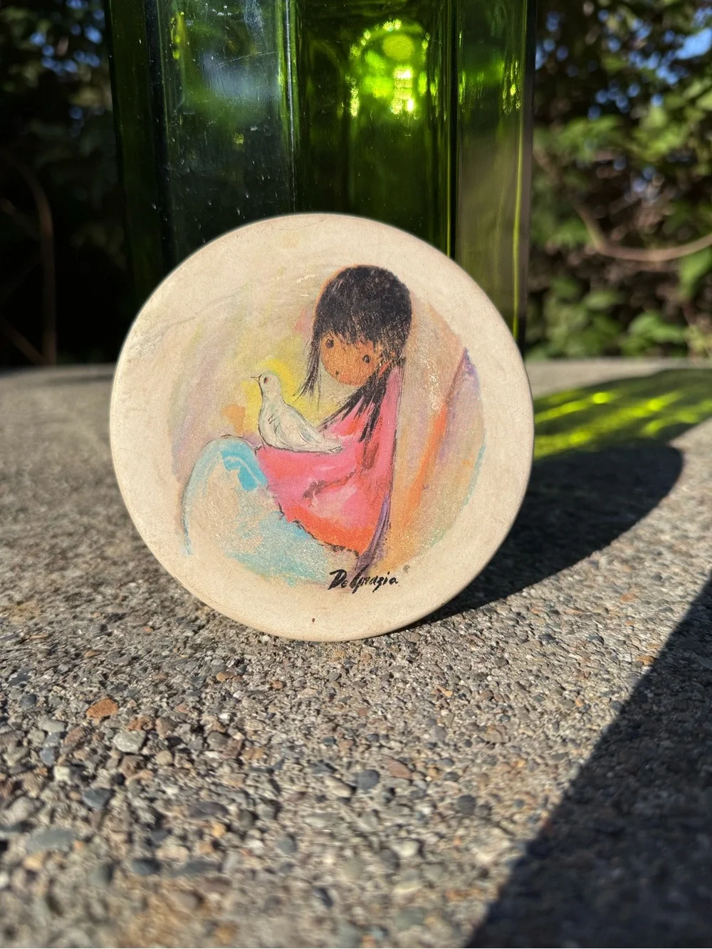 Vintage DeGrazia Hand-Painted Decorative Stone lid and emerald green jar